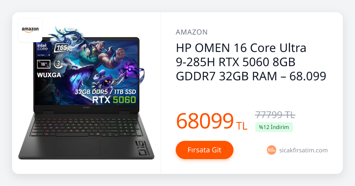 HP Omen Core Ultra 9 15th Generation 32GB 1TB SSD RTX 5060 8GB 16"